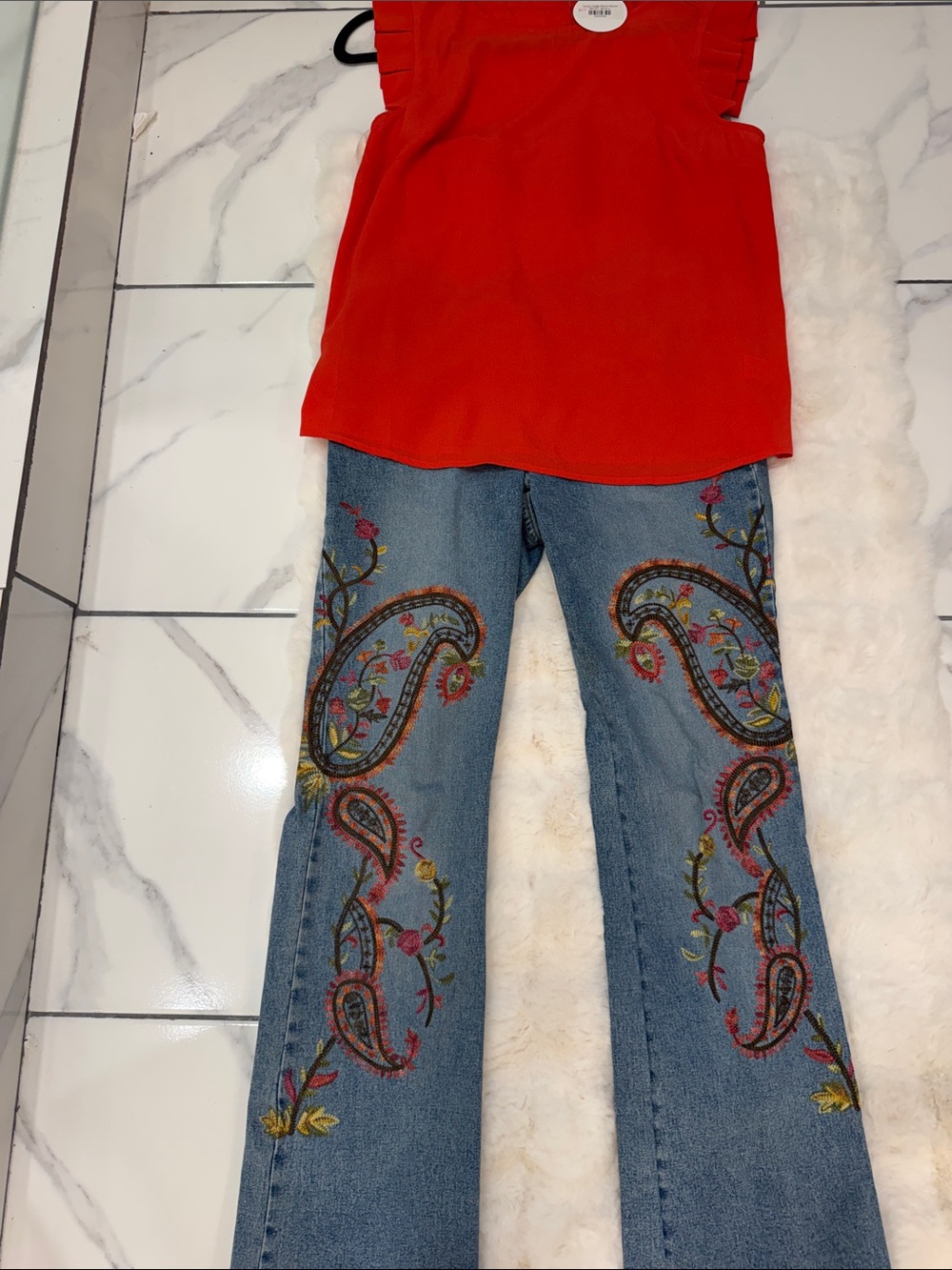 Willi Smith Blue Jeans with Multicolor Paisley Embroidery